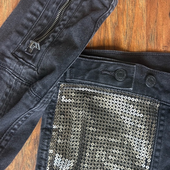 LEVI’S Black Denim Jacket with Silver Accents Women’s Size Large Distresses Moto - Picture 11 of 13